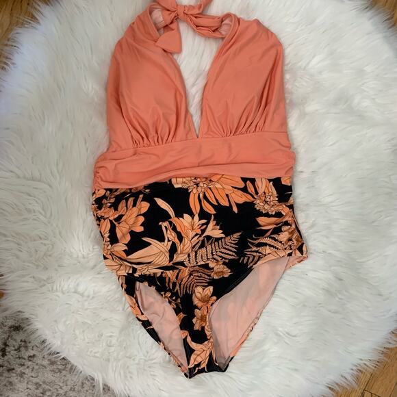 New Cupshe Havana Tropical Plunge Halter Ruched One Piece Swimsuit - Picture 3 of 11